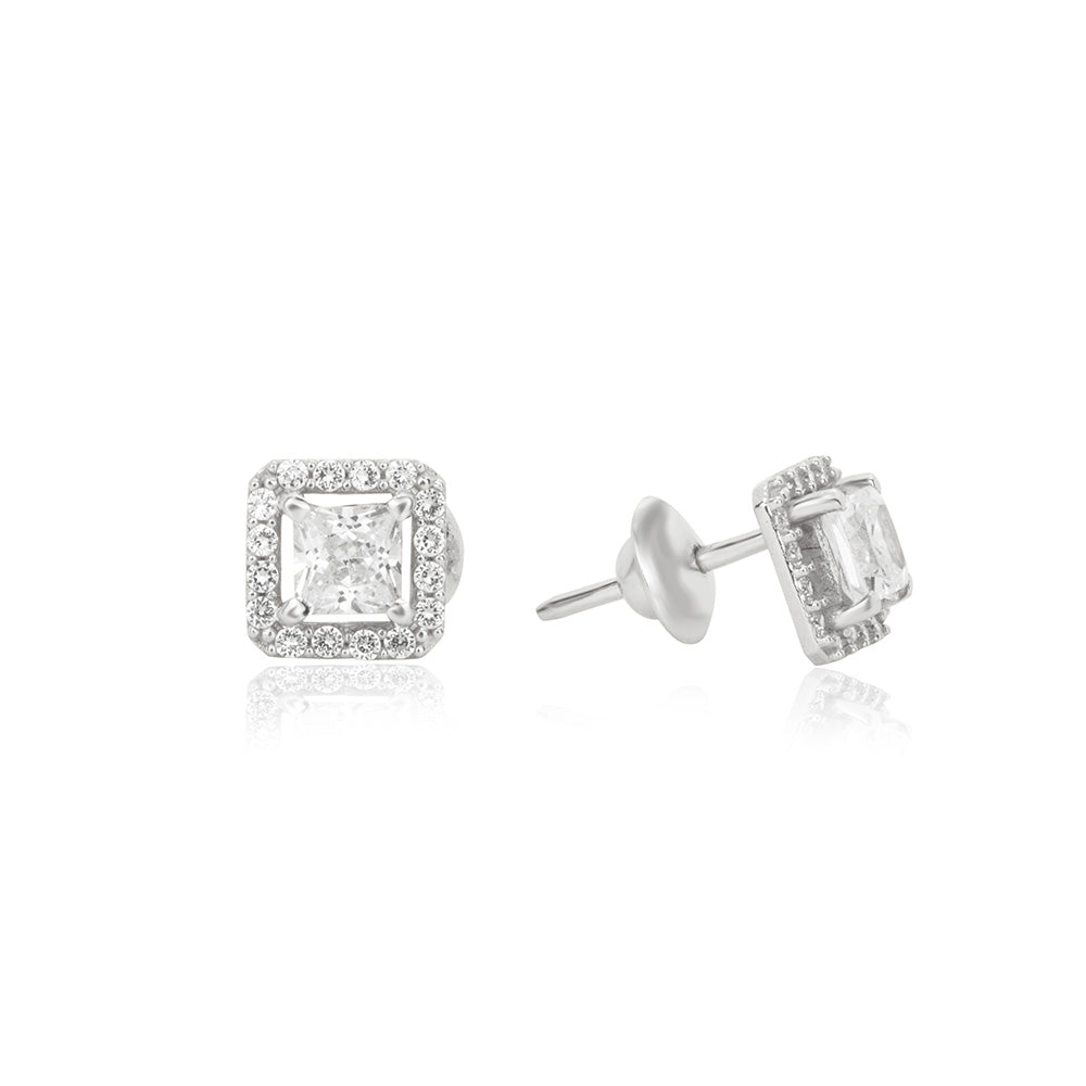 Square With Zirconia 18K White Gold Earring