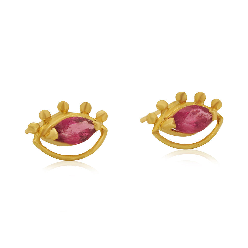 Pink Tourmaline Greek Eye 18K Matte Gold Earring