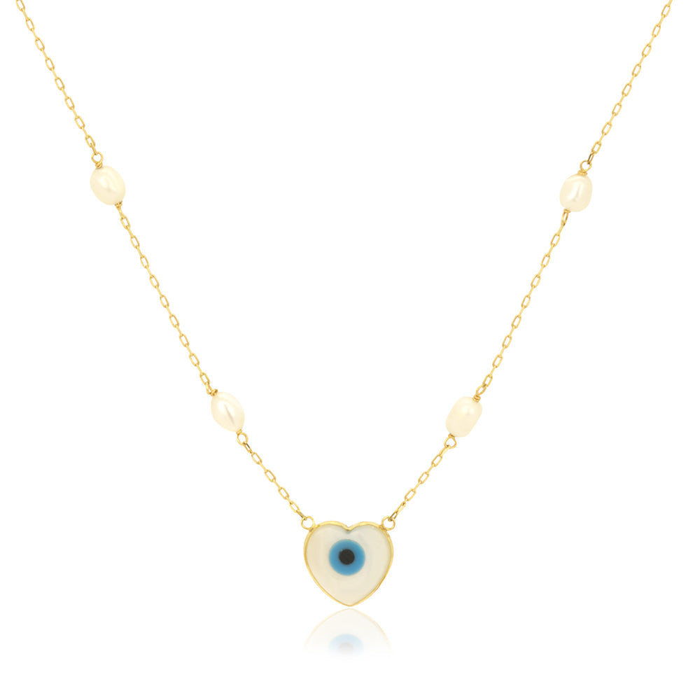 Evil Eye Pearl 18K Gold Necklace 17.7 In