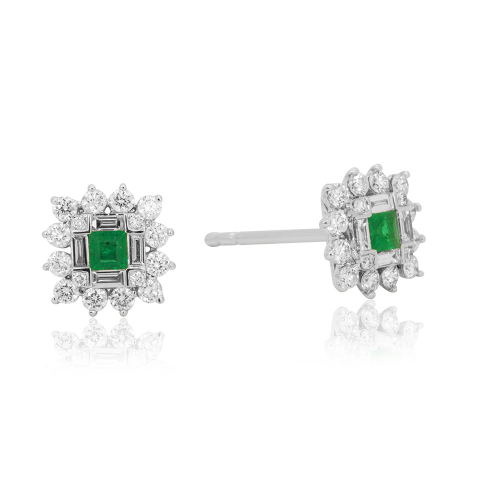 Modern Emerald Square 18K White Gold with Diamonds Earring