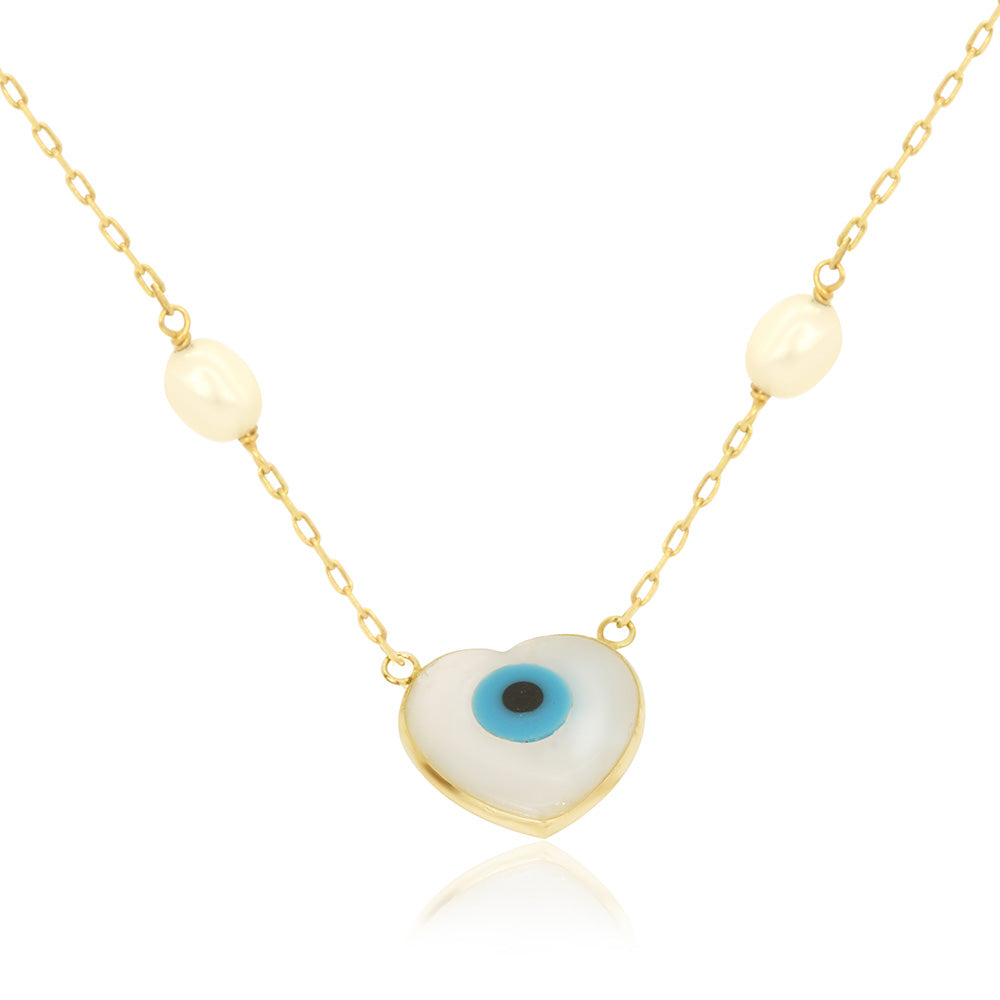Evil Eye Pearl 18K Gold Necklace 17.7 In